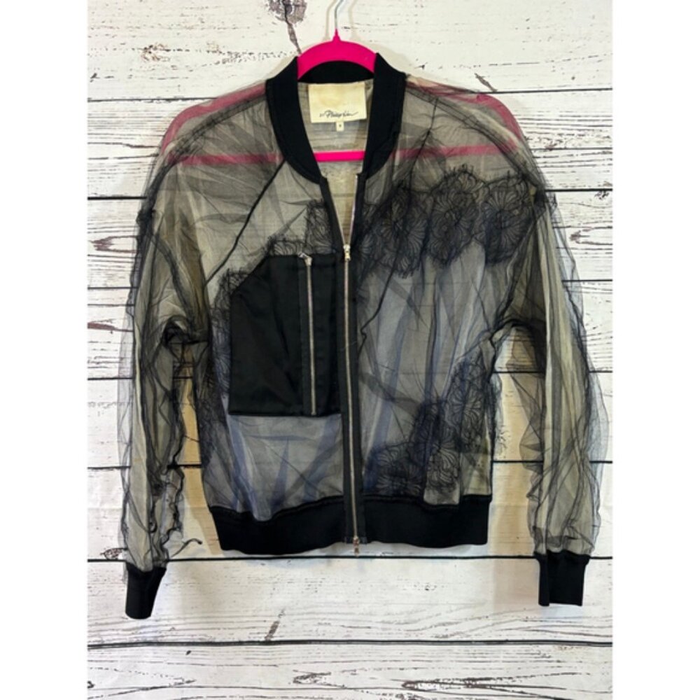 Women's 3.1 Phillip Lim Black Beige Sheer Bomber Jacket Size 8